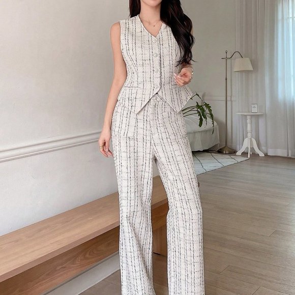 White Preppy Womens Plaid Suit Vest And Wide Leg Pants Suit - Picture 3 of 5